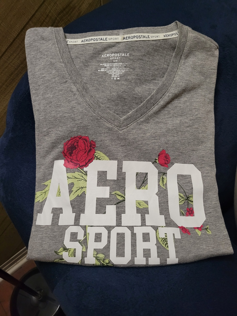 Aeropostale Women's Gray V-Neck Tee with White Logo and Red Floral Accents